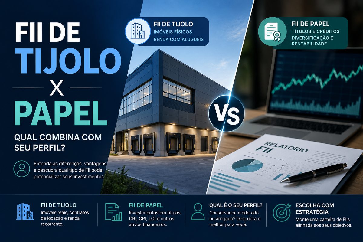 Prédio comercial e gráfico representando fundos imobiliários